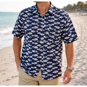 Back East Mens Size L Navy Blue Fish Shark Print Batik Style Button Up Shirt
